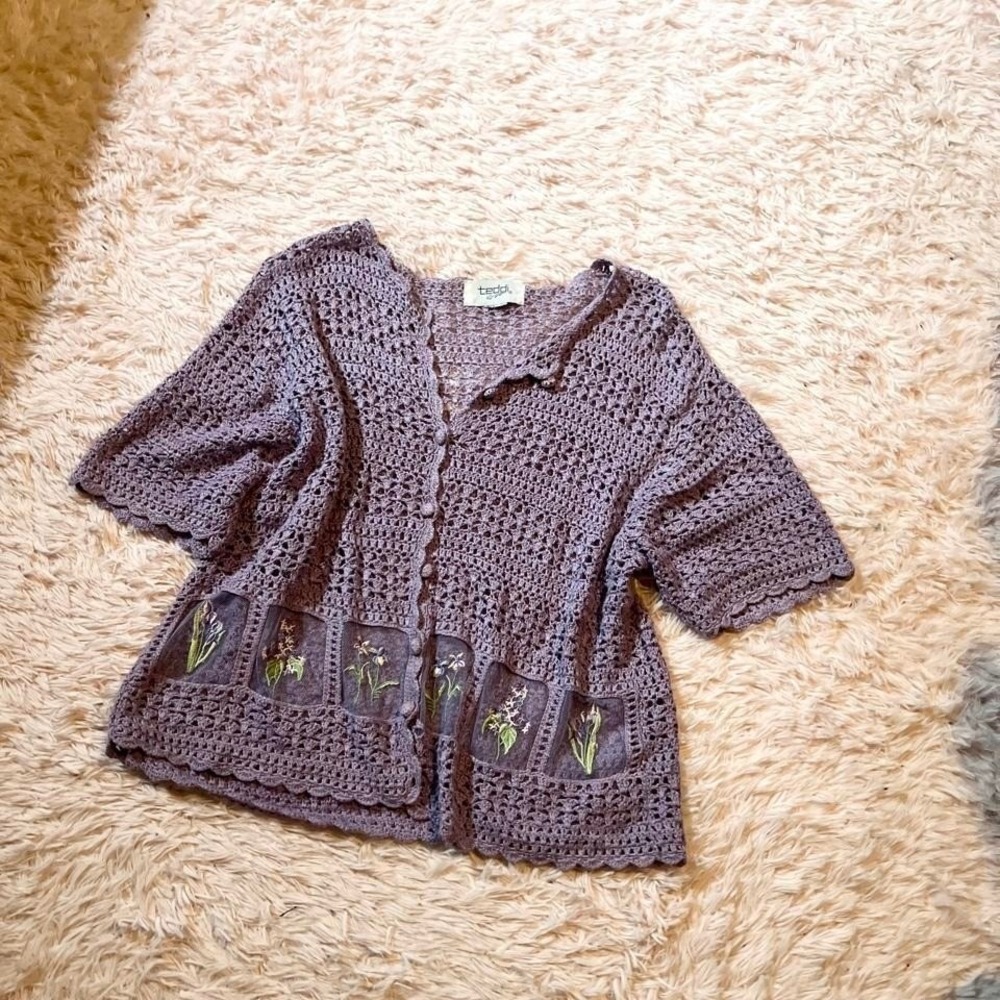 Pastel Crotchet Open Knit Coquette Floral Dainty Embroidered Cardigan‎ Womens S